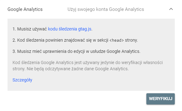 Weryfikacja za pomocą Google Analytics